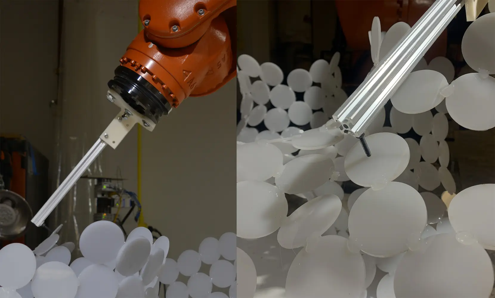 Cooperative Robotics Assembly; Close-up of the robot with end effector placing acrylic discs Jonathan Malott, Austin Texas Architecture